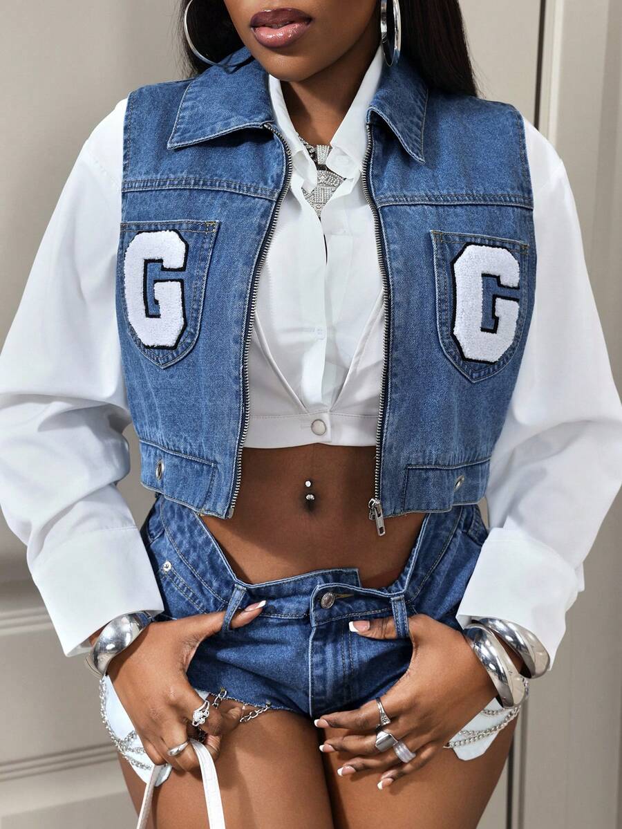 BamGleam Áo khoác denim không tay thêu chữ dành cho nữ - Rửa nhẹ - Xem 1