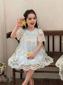 LMoss Kids Vestido casual de malha bordada com gola redonda e cor sólida para menina. - Baby Azul - Ver 6