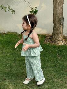 SHEIN LMoss Kids 女婴可爱碎花吊带背心和松紧腰裤套装，夏季 - 綠色 - 查看 5