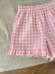 SHEIN LMoss Kids 女婴可爱格子松紧腰短裤，夏季百搭 - 粉色 - 查看 5