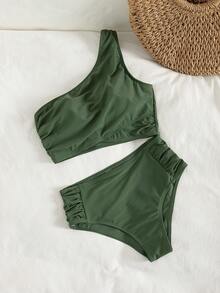 SHEIN Swim Conjunto de bikini asimétrico de un hombro con Bottom fruncida para mujer - Verde - Ver 3