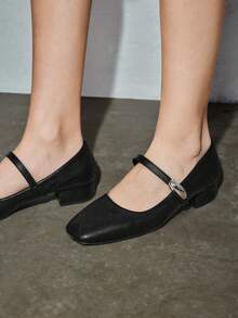 女士3厘米布面包跟黑色时尚百搭玛丽珍低跟粗跟优雅平底鞋，另有藏蓝色、咖啡色、酒红色可选 - 黑色 - 查看 3