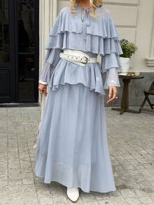 Livesso 女士休闲宽松荷叶边上衣和半裙两件套，适合夏季、春季、度假、婚礼、毕业典礼、复活节等场合。 - 霧霾藍 - 查看 1