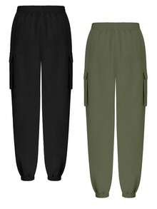 EMERY ROSE 女士休闲度假乡村风高腰工装裤和七分裤两件套，夏季 - 彩色 - 查看 2