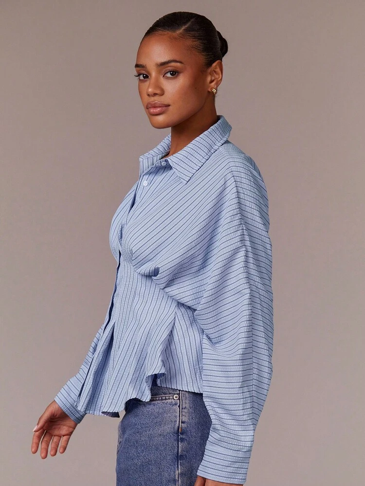 Athîral Women's Sky Blue Striped Peplum Blouse,Structured Waist