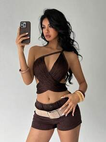 Aloruh Áo croptop lệch lưng gợi cảm kiểu Y2K mùa Xuân/Hè mới, thích hợp cho tiệc tùng, ngày Valentine, đám cưới. - màu nâu - Xem 10