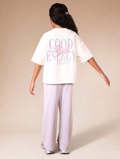 SUMWON Girls Good Energy Club Graphic Tee And Wide Leg Pants Co-Ord Set Purple Lavender Oversized Short Sleeve Summer Outfit