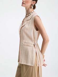 Aalyst Women's Spring/Summer Casual Sleeveless Linen-Look Lapel Collar Cinched Waist Vest Jacket, Suitable For Outings, Dates, New Year, Valentine's Day, Easter, Mother's Day, Middle Eastern Weddings, Elegant And Fashionable, Romantic Vacation - Khaki - View 6