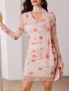 Modelyn Women's Spring/Summer Pink Knit Ruffled Neck Gathered Waist Bodycon Elegant Romantic Dress - Pink - View 6