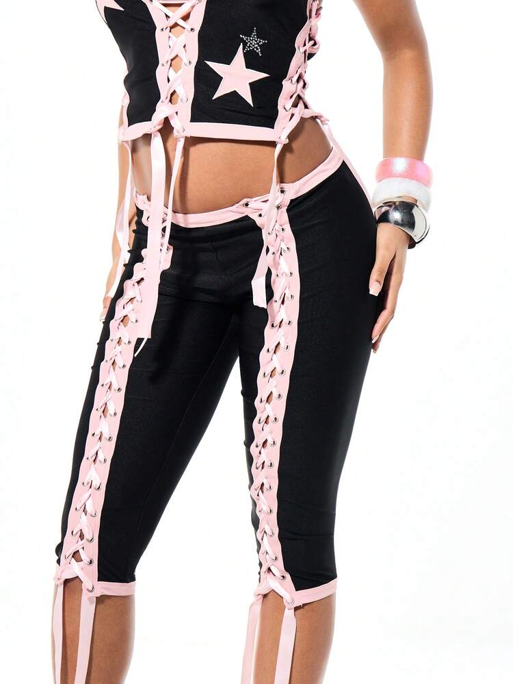 SUMWON WOMEN Slinky Contrast Binding Star Applique Lace Up Capri Leggings With Pink Detail Trim Fashion Statement Piece