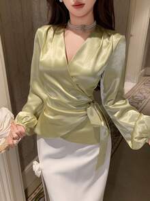 DAZY Women's Elegant Solid Color V-Neck Tie Blouse, Spring/Summer - Yellow - View 4
