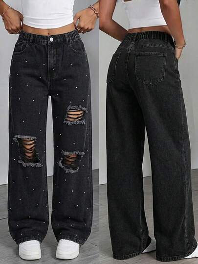 少女休闲复古做旧宽松阔腿蓝色牛仔裤