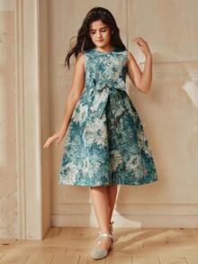 Anewsta 儿童及青少年优雅无袖A字型蓝色向日葵刺绣连衣裙，蓝色春夏服装 - 藍色 - 查看 5