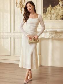 Vintamour 复古经典优雅女士连衣裙，春夏修身提花针织连衣裙，方领连衣裙，鱼尾紧身连衣裙，杏色连衣裙 - 杏色 - 查看 6