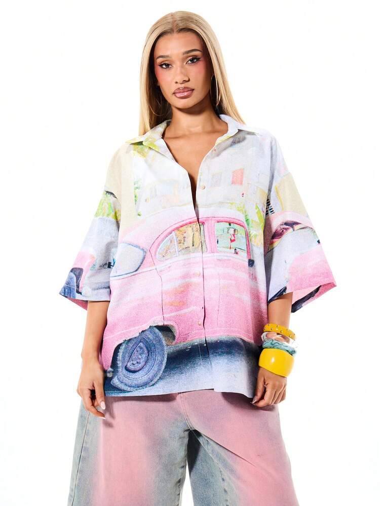 SUMWON WOMEN Oversized Button Down Shirt With Vintage Print