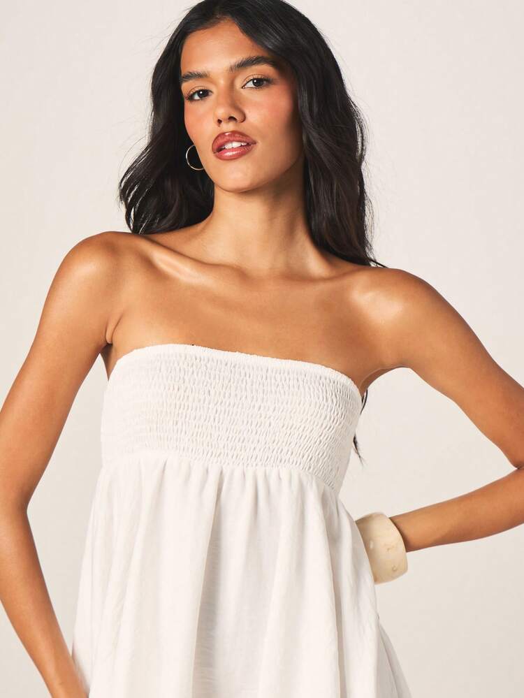 MISSGUIDED Strapless White Shirred Bust Mini Dress Empire Waist Flowing Summer Beach Vacation Party Casual Feminine Off Shoulder Boho Style A-Line Dress