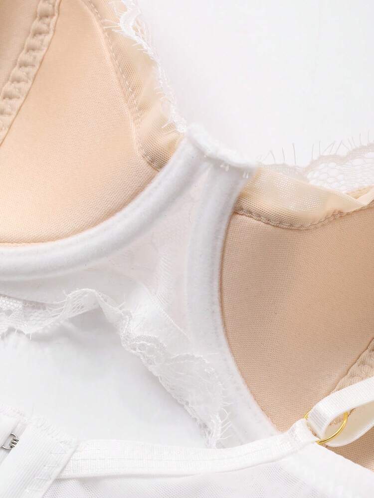 Lace Patchwork Sweet Slightly Gathered Semi-Sheer Adjustable Strap Bra For Women