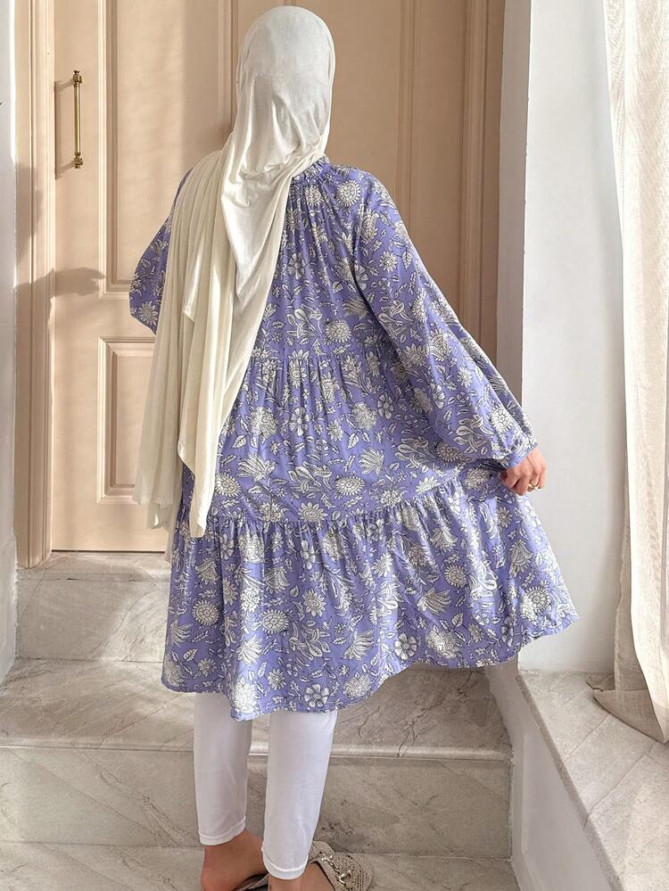 Vacation Style Floral Print Ruched Tie Neck Lantern Sleeve Loose Women Nightgown