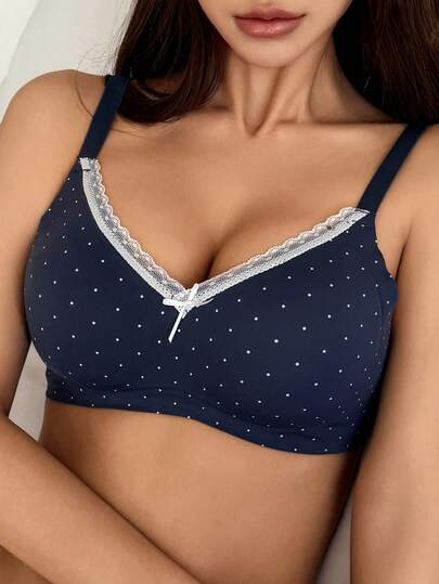 DAZY Polka Dot Print Lace Patchwork Padded Adjustable Spaghetti Strap Bra, Suitable For Summer & Spring