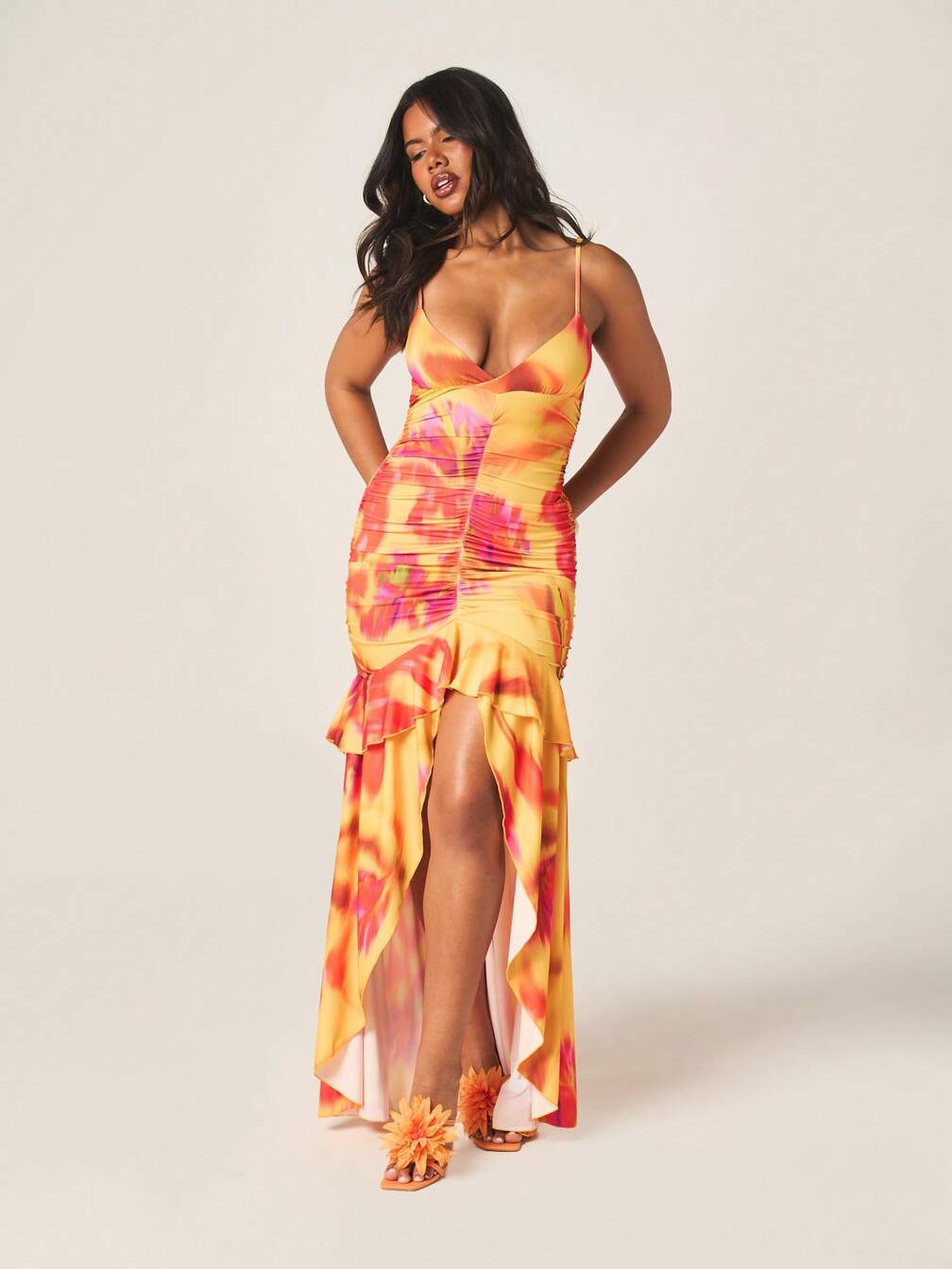 orange tie dye ruched dress MISSGUIDED Women's Vibrant Tropical Pastal Ruched Spaghetti Strap Asymmetrical Ruffle Hem Maxi Dress Deep V Neck Summer Resort Evening Golf Gown Sexy,