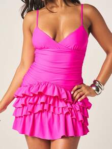 MISSGUIDED Hot Pink Tiered Ruffle Mini Dress With Sweetheart Neckline And Spaghetti Straps For Summer Party Cocktail Evening Occasions - Purple - View 6