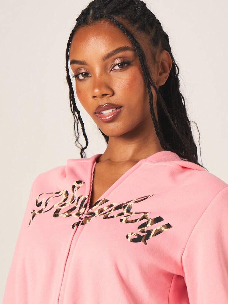 Missguided x Playboy Damska bluza z kapturem zapinana na zamek, z nadrukiem w panterkę, długim rękawem i ściągaczem, swobodna, jesienno-zimowa