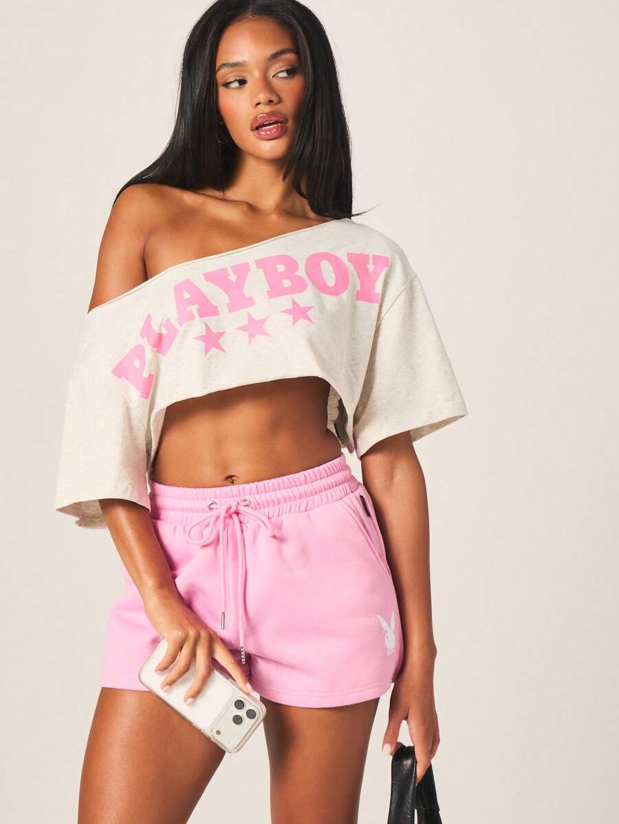 Missguided x Playboy Off The Shoulder Crop Top With Pink Logo Print Short Sleeve Gray Cotton Tee For Women Casual Spring Summer Style - Light Grey - View 1