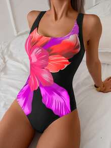 Swim Basics 女士连体多色大花卉图案圆领优雅高衩泳衣，夏季 - 彩色 - 查看 3