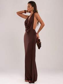 SHEIN BAE Women's Summer Elegant Dark Brown Draped Neck Backless Pearl Decor Dress, Halter Long Dress For Party Night,Vacation,Beach & Wedding Guest - Teal Blue - View 3