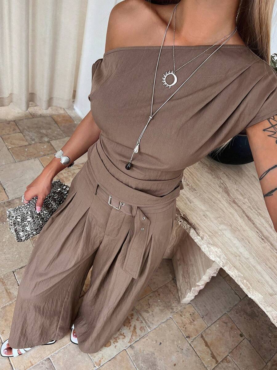 DAZY Bộ đồ nữ dáng rộng thoải mái kiểu đi nghỉ mát gồm áo croptop và quần ống đứng, set 2 món, thích hợp mặc ở nhà mùa xuân/hè. - Cà phê nâu - Xem 1