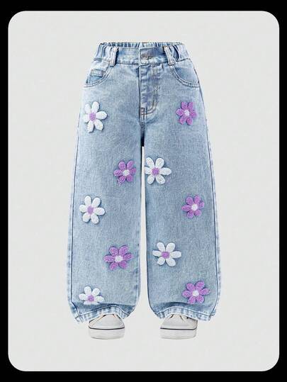 SHEIN ChillGRL 少女宽松牛仔裤 Y2K 超大款牛仔裤 阔腿牛仔裤 女童宽松牛仔裤 2025 新款美学时尚雪花水洗做旧刺绣喇叭裤 秋冬四季浅蓝色宽松牛仔裤，饰以白色和紫色刺绣 90 年代儿童圣诞节