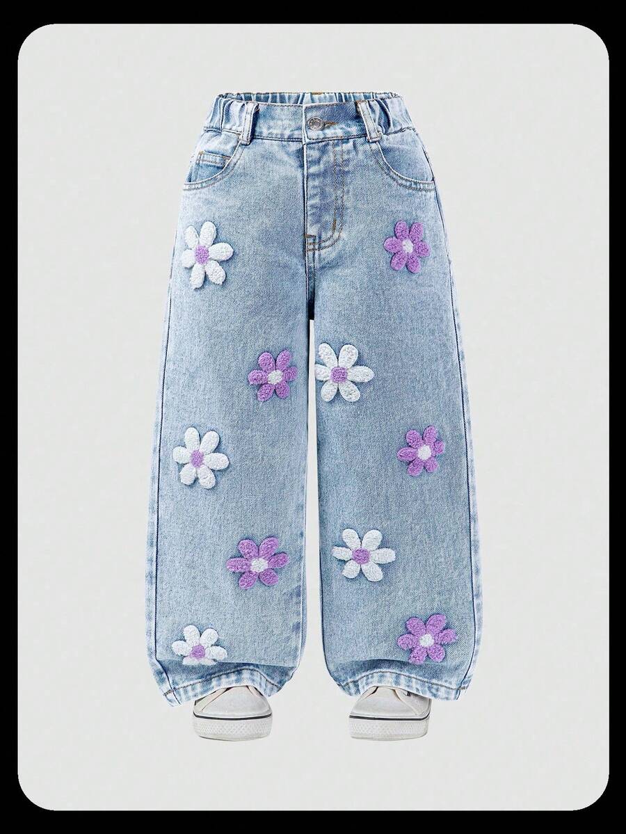 SHEIN ChillGRL Quần jean rộng thùng thình cho bé gái, quần jean dáng rộng kiểu Y2K, quần jean ống rộng, quần jean rộng cho bé gái, quần jean dáng suông, hàng mới về năm 2025, thời trang thẩm mỹ, họa tiết bông tuyết, quần ống loe bạc màu, thêu họa tiết, quần jean bốn mùa thu đông, màu xanh nhạt dáng rộng với họa tiết thêu trắng và tím, quần jean trẻ em thập niên 90, quần jean Giáng sinh. - Rửa nhẹ - Xem 1