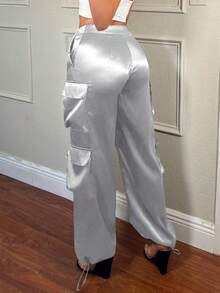 SHEIN SXY Pantalones cargo de twill de moda callejera con bolsillos 3D para mujeres - Plateado - Ver 2