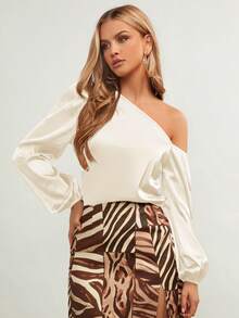 BizChic 女士不对称领长袖休闲衬衫，简约优雅，都市通勤百搭单品，适合春季、夏季、复活节、圣帕特里克节、毕业典礼、派对、海滩、日常穿着，浪漫90年代复古风 - 白色 - 查看 4