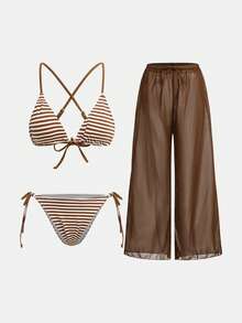 Maija Women's Striped Bikini Set For Beach Vacation - Brown - View 1