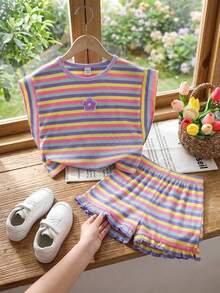 Emery Rose Kids Emery Rose Kids 2件套女童针织圆领条纹印花休闲T恤和短裤套装 - 紫色 - 查看 3