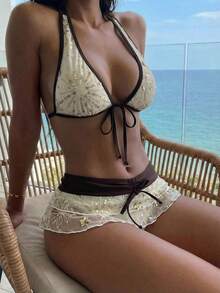 Glamine SHEIN Glamour Women's Summer Beach Sequin Halter Tie Sexy Bikini Swimsuit Set - Beige - View 1
