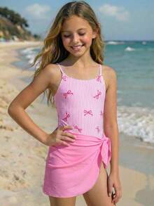 SHEIN Tween Girls' Casual Vacation Beach Butterfly & Striped Print Ruffled Camisole Romper With Mesh Skirt Set, Pink Pink Bow Bathing Suit Girls Beach Set Girls Summer Vacation Sets Swimsuits Pink - Pink - View 3