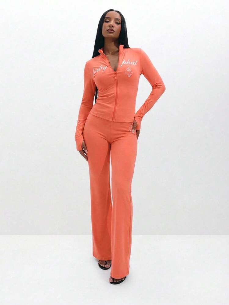 BABYPHAT Women's Zip Up Long Sleeve Coral Top With Script Print And Fitted Silhouette