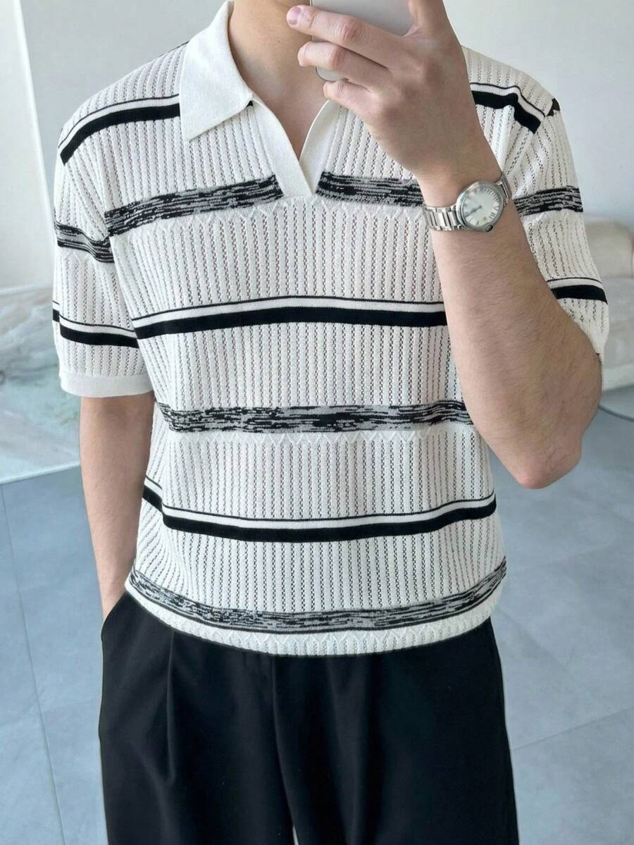 DAZY 男士条纹 Polo 领半拉链针织衫，夏季 - 彩色 - 查看 1