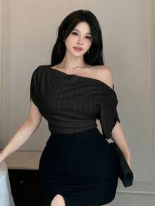 DAZY 女士褶皱肩部休闲日常短袖T恤 - 黑色 - 查看 4