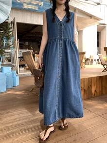 FRIFUL 女士休闲前扣无袖牛仔连衣裙，春夏款 - 藍色 - 查看 7