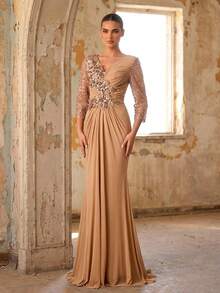 Aureia Elegante y lujosa aplicación bordada de encaje con cuentas, adecuada para bodas, fiestas, vacaciones, bailes, novias, madres de la novia, vestidos de noche - Champán - Ver 8