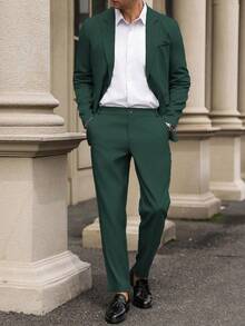 Manfinity Mode 纯色单排扣长袖西装外套和裤子2件套 - 墨綠色 - 查看 3