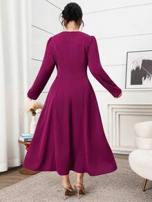 Feyla Plus Size Women's Solid Color Round Neck Long Sleeve Bow Decor Elegant Dress - Burgundy - View 8