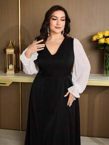 Modelyn Plus Size Women V-Neck Color Block Casual Daily Date Wear Dress - Black and White - View 7