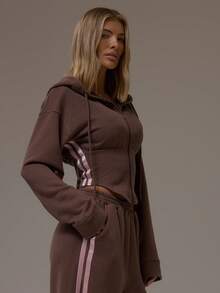 MUSERA Balloon Sleeve Contrast Pipping Cinched Waist Hooded Sweatshirt Casual, Airport, Loungewear, Back To School, Lounge Winter Spring Summer Vacation - Brown - View 3