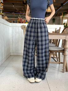 FRIFUL Women's Spring/Summer Plaid Waistband Contrast Lace Drawstring Loose Casual Versatile Pants - Multicolor - View 6