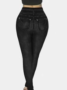 SHEIN LUNE 大码时尚性感牛仔印花女式紧身裤 - 彩色 - 查看 2