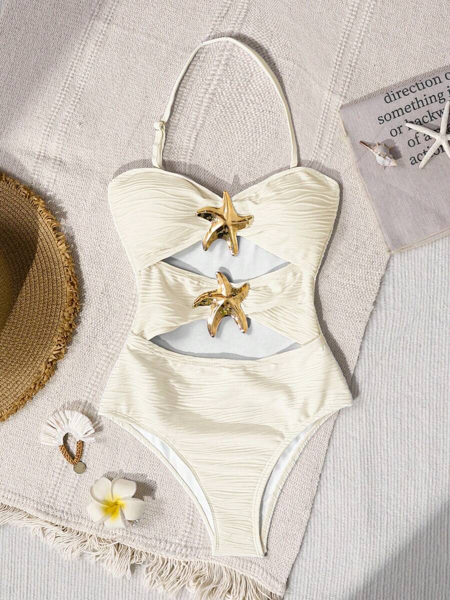 SHEIN Traje de baño de una pieza casual de vacaciones para niña preadolescente, blanco, con tirante desmontable, acento de estrella de mar hueca y fruncido, para verano y playa - Blanco - Ver 1